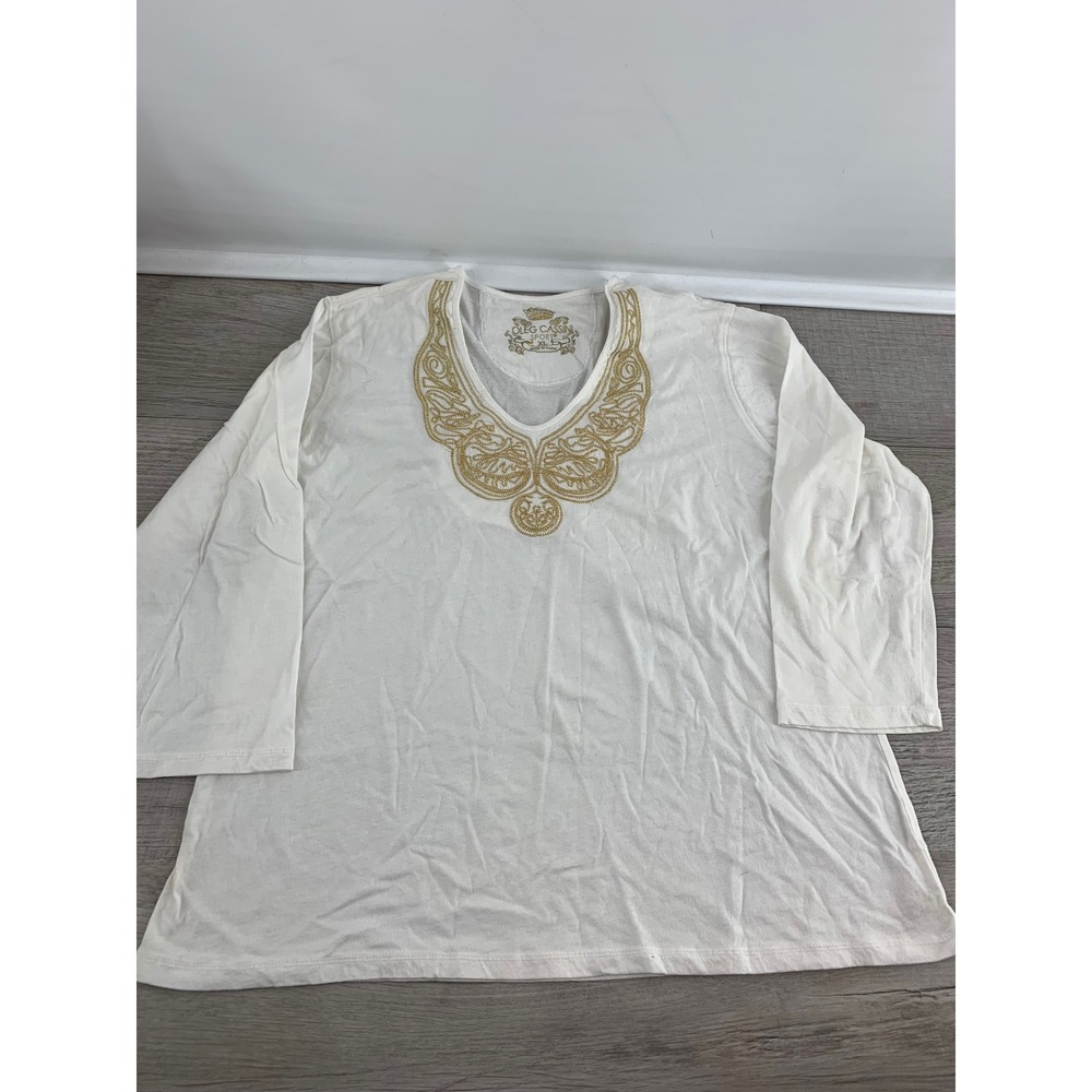 Oleg Cassini Sport Womens XL White Cotton Gold Embroidered V-Neck Top L -Sleeve
